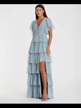 Mac Duggal Blue Flutter Sleeve Ruffle Tiered Gown